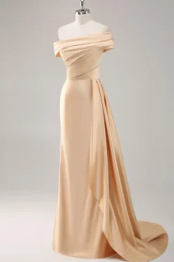 Um ombro plissado bainha de champanhe longo vestido formal