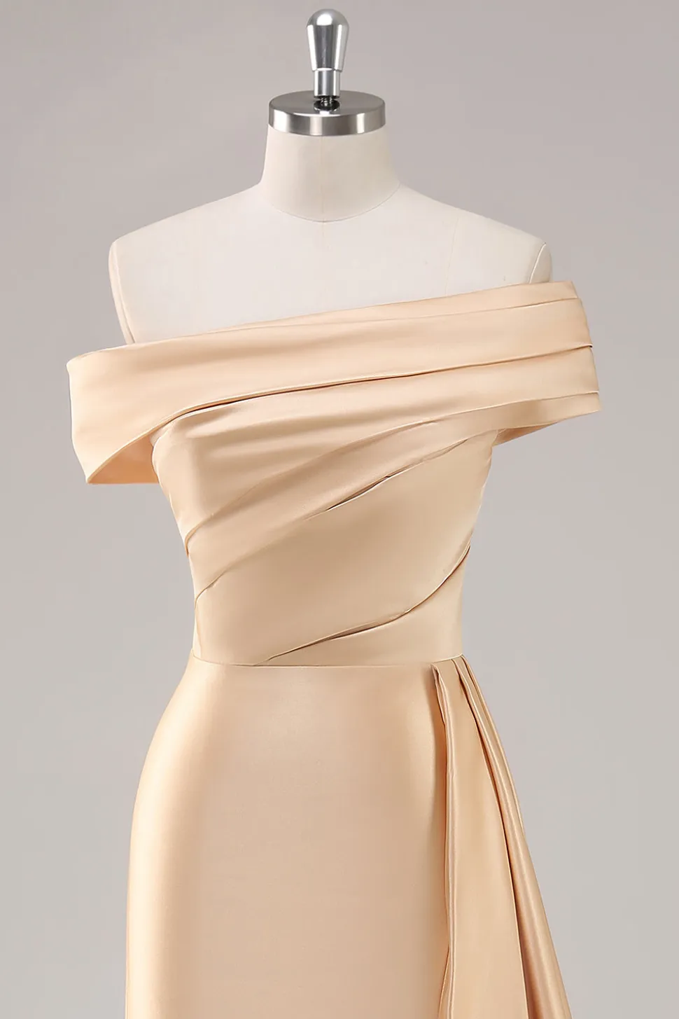 Um ombro plissado bainha de champanhe longo vestido formal