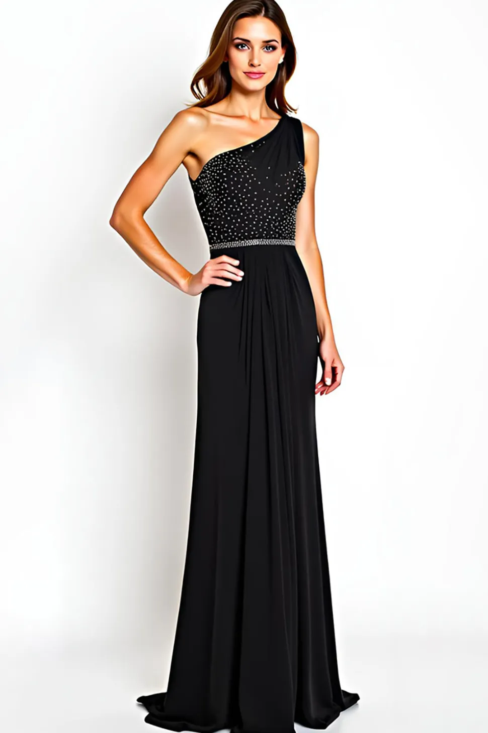 Um Ombro Preto Bainha Longo Vestido Mae Noiva com Miçangas