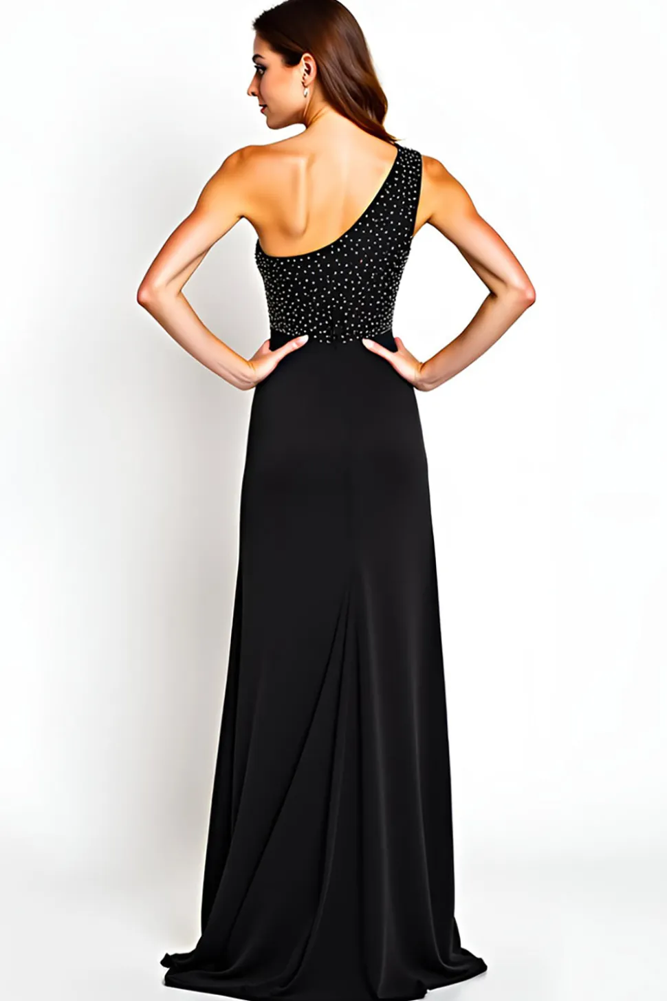 Um Ombro Preto Bainha Longo Vestido Mae Noiva com Miçangas