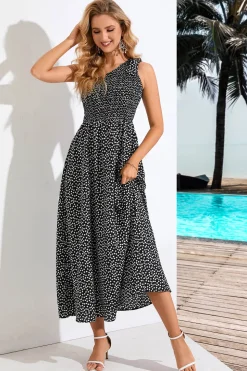 Um Ombro Preto Estampado Vestido de Verão