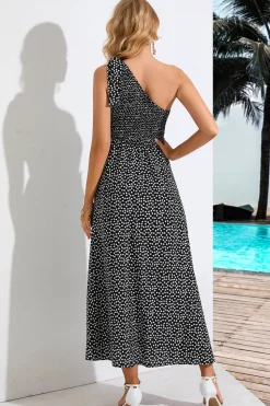 Um Ombro Preto Estampado Vestido de Verão