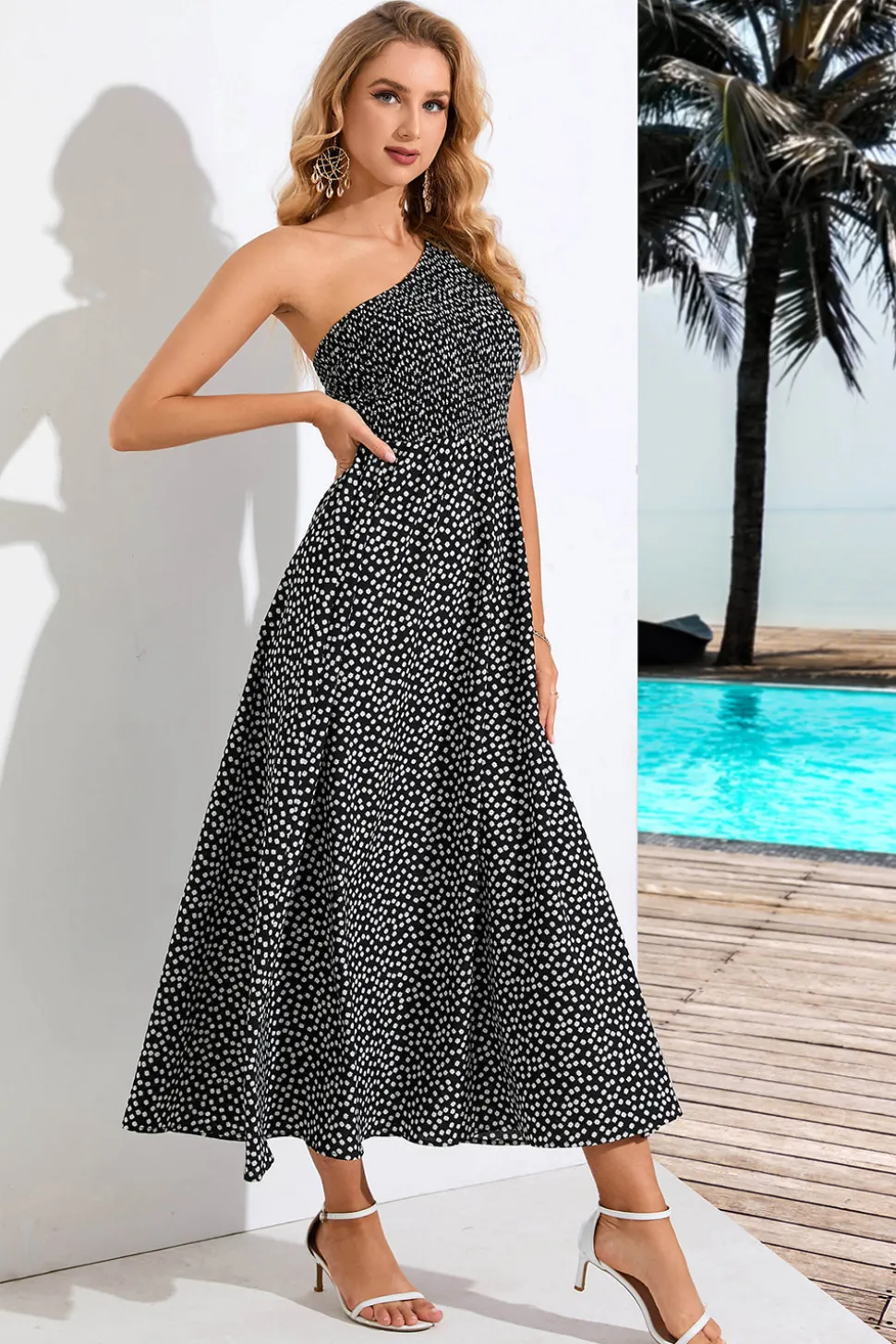 Um Ombro Preto Estampado Vestido de Verão
