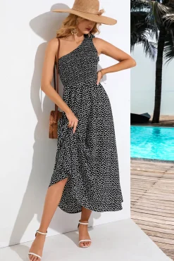Um Ombro Preto Estampado Vestido de Verão