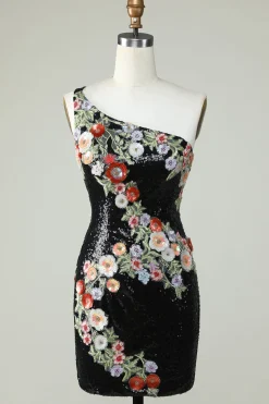 Um ombro preto lantejoulas Beading Homecoming Dress