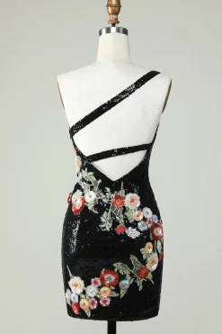 Um ombro preto lantejoulas Beading Homecoming Dress