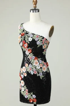 Um ombro preto lantejoulas Beading Homecoming Dress