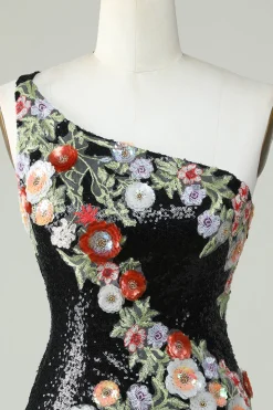 Um ombro preto lantejoulas Beading Homecoming Dress