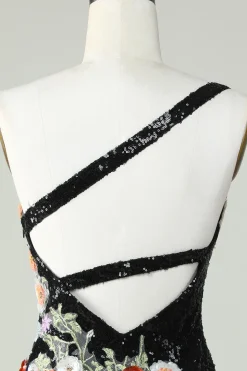Um ombro preto lantejoulas Beading Homecoming Dress