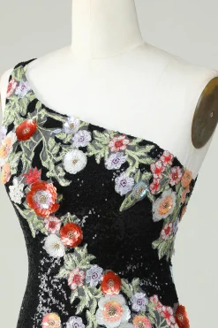 Um ombro preto lantejoulas Beading Homecoming Dress