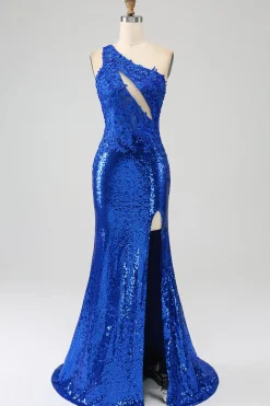 Um ombro real azul sereia baile vestido com fenda