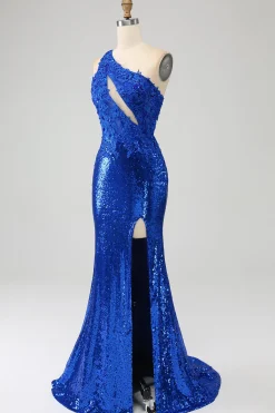 Um ombro real azul sereia baile vestido com fenda