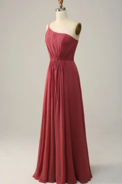Um Ombro Rosa A Line Vestido de Dama de Honor