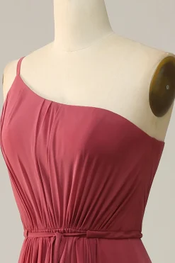 Um Ombro Rosa A Line Vestido de Dama de Honor