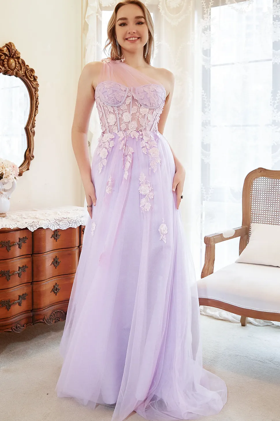 Um Ombro Roxo Mais Tamanho Vestido de Festa Com Apliques