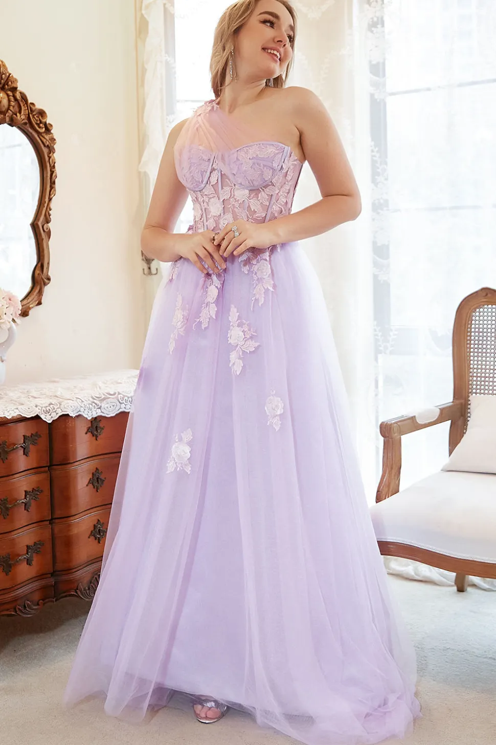 Um Ombro Roxo Mais Tamanho Vestido de Festa Com Apliques
