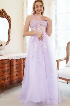 Um Ombro Roxo Mais Tamanho Vestido de Festa Com Apliques