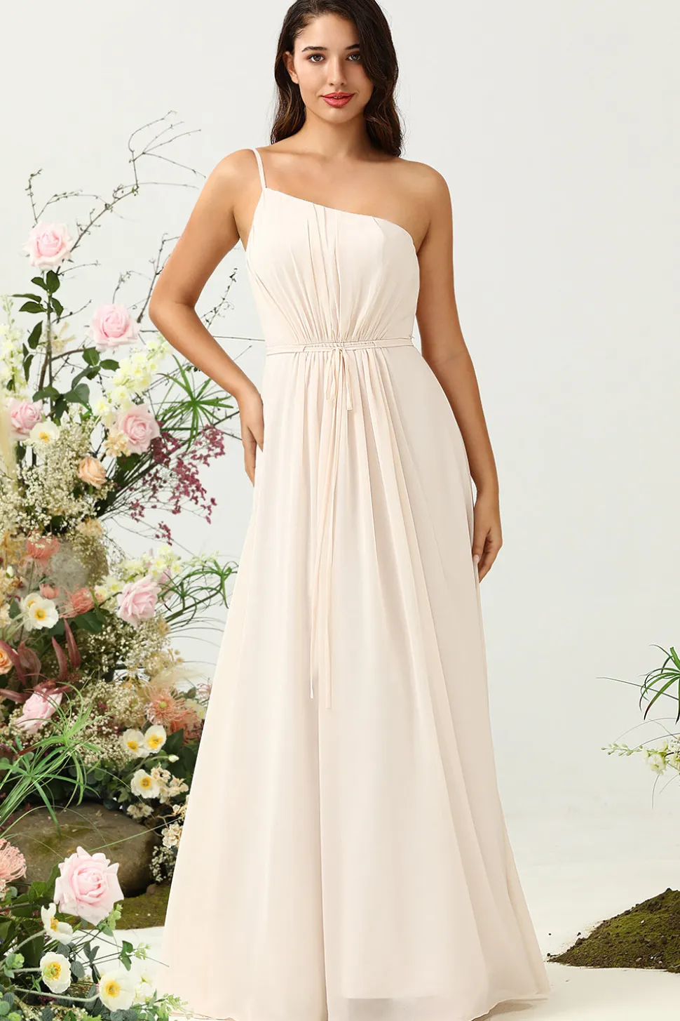 Um Ombro Sem Mangas Champanhe Vestido de Dama de Honra