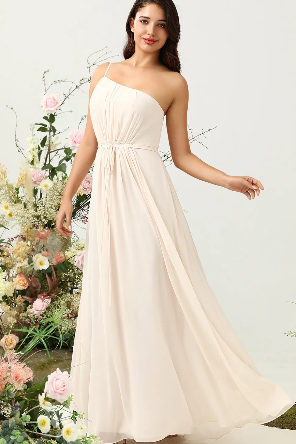 Um Ombro Sem Mangas Champanhe Vestido de Dama de Honra