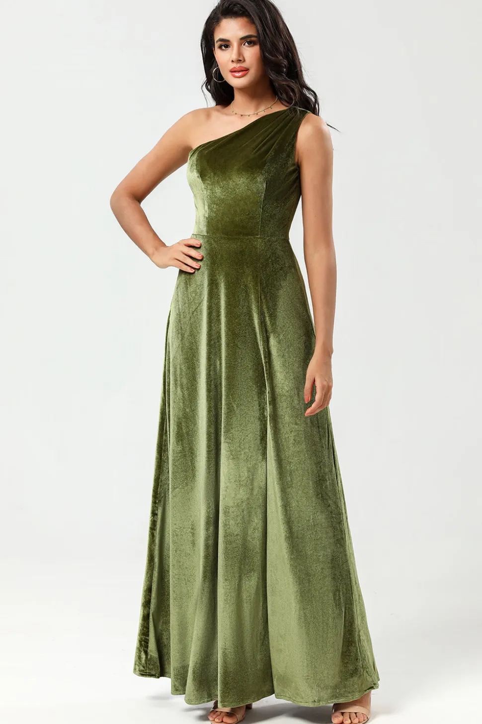 Um ombro uma linha Velvet vestido verde dama de honra com fenda