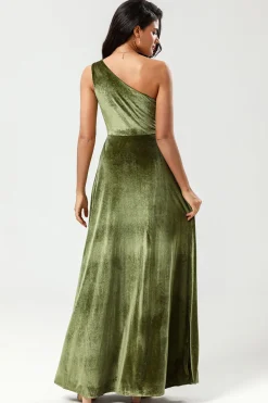 Um ombro uma linha Velvet vestido verde dama de honra com fenda