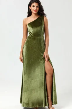 Um ombro uma linha Velvet vestido verde dama de honra com fenda