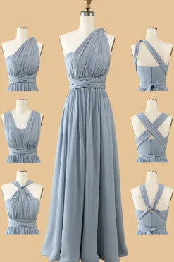 Um Ombro V Pescoço Halter Cinza Azul Vestido de Dama de Honor