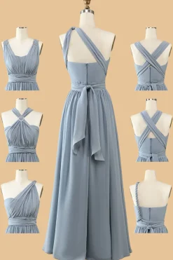 Um Ombro V Pescoço Halter Cinza Azul Vestido de Dama de Honor