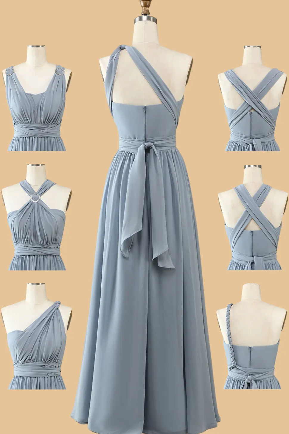 Um Ombro V Pescoço Halter Cinza Azul Vestido de Dama de Honor