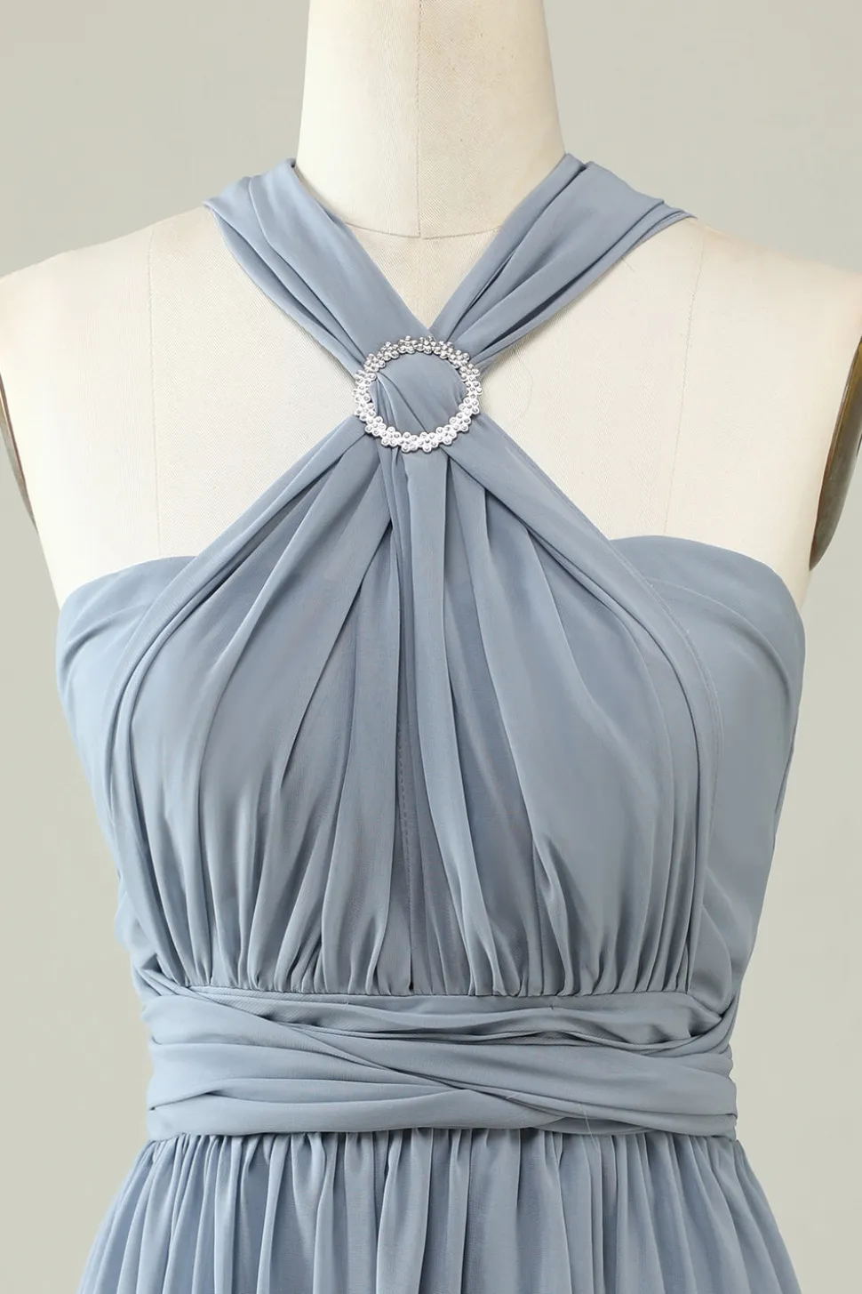 Um Ombro V Pescoço Halter Cinza Azul Vestido de Dama de Honor