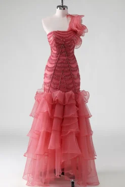 Um ombro vermelho em camadas babados Sequins vestido formal