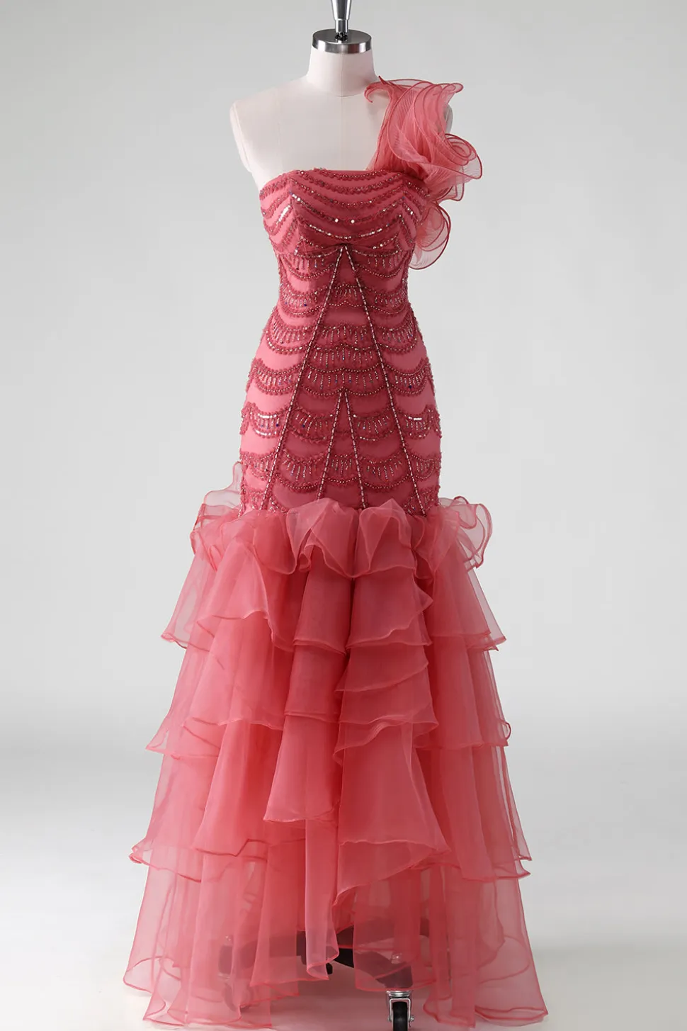 Um ombro vermelho em camadas babados Sequins vestido formal