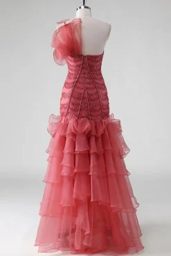 Um ombro vermelho em camadas babados Sequins vestido formal
