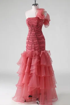 Um ombro vermelho em camadas babados Sequins vestido formal