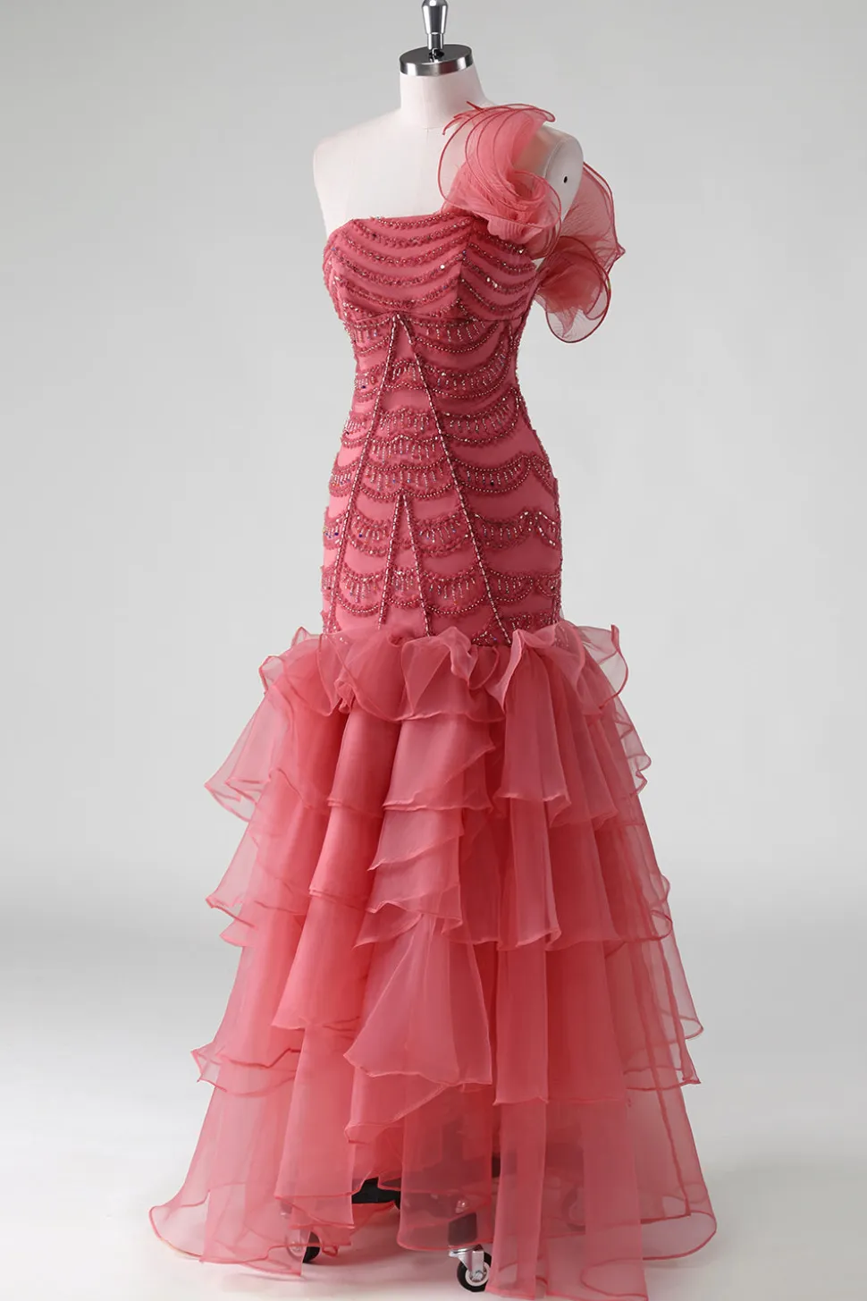 Um ombro vermelho em camadas babados Sequins vestido formal