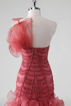 Um ombro vermelho em camadas babados Sequins vestido formal