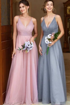 Um spaghetti de linha tiras vestido de dama de honra rosa rosa