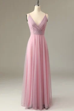 Um spaghetti de linha tiras vestido de dama de honra rosa rosa