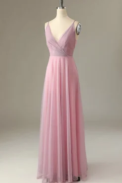 Um spaghetti de linha tiras vestido de dama de honra rosa rosa