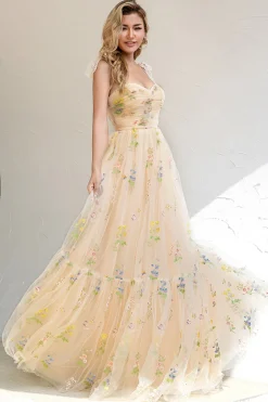 Um spaghetti de linha tiras champagne vestido de baile com apliques