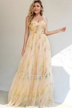 Um spaghetti de linha tiras champagne vestido de baile com apliques