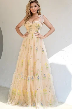 Um spaghetti de linha tiras champagne vestido de baile com apliques