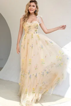 Um spaghetti de linha tiras champagne vestido de baile com apliques