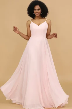 Um spaghetti de linha tiras rosa Chiffon longo vestido de dama de honra