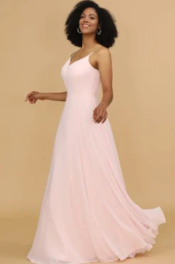 Um spaghetti de linha tiras rosa Chiffon longo vestido de dama de honra