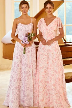 Um spaghetti linha alças roxo flor impressão vestido de dama de honra