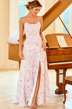 Um spaghetti linha alças roxo flor impressão vestido de dama de honra