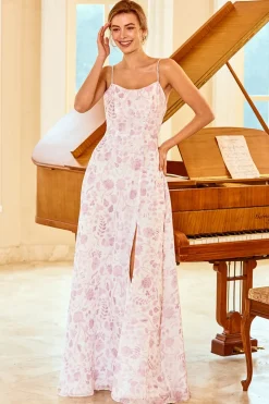 Um spaghetti linha alças roxo flor impressão vestido de dama de honra