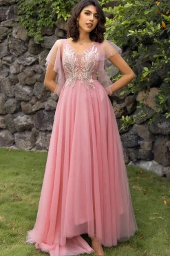 Um vestido de baile de pescoço de pescoço v com apliques