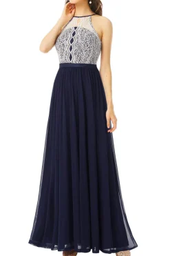 Um vestido de baile longo da marinha line halter com renda